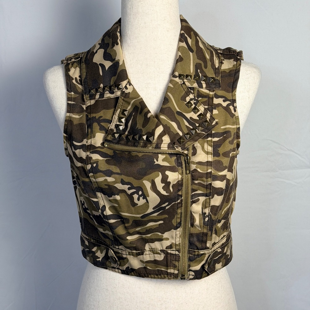 Iris Los Angeles Womens Camo Studded Moto Vest Green Brown Cropped S, edgy, cool